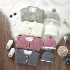 Solid Color Baby Fleece Romper & Hat Set Mimixiong