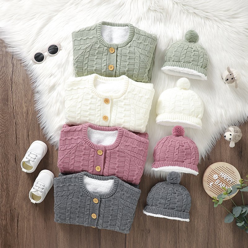 Solid Color Baby Fleece Romper & Hat Set Mimixiong