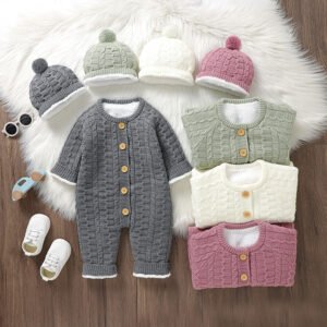 Solid Color Baby Fleece Romper & Hat Set Mimixiong