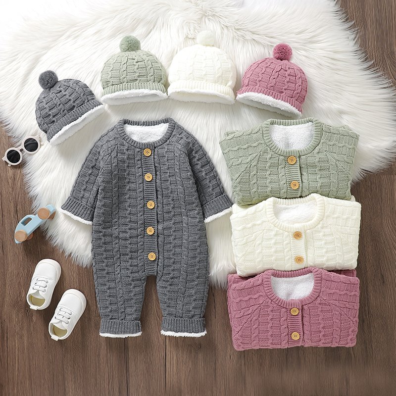 Solid Color Baby Fleece Romper & Hat Set Mimixiong