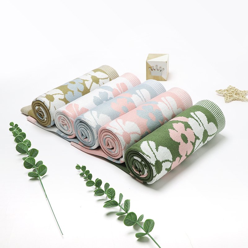 Baby Blankets Knitted Jacquard Floral Pattern Mimixiong