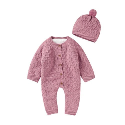 Fast Shipping 2025 Mimixiong Winter Soft Button Design Baby Rompers & Baby Solid Hat Clothing Sets