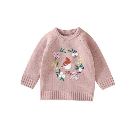 Baby Girl Embroidered Animal Bird Long Sleeve Sweater Mimixiong