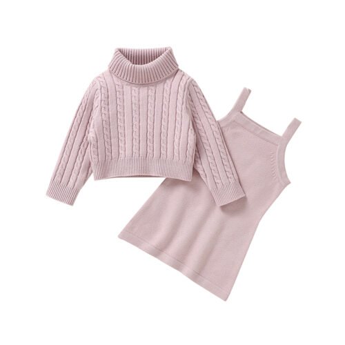 High Quality Customized Baby Clothes Set 2pcs Long Sleeve Baby Turtleneck Cable Sweater Knitted Dress Set 82W1940