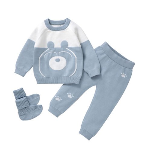 Mimixiong New Arrival Knit Baby Clothing Set Newborn Pullover Sweater Pant and Shoes Kids Clothes