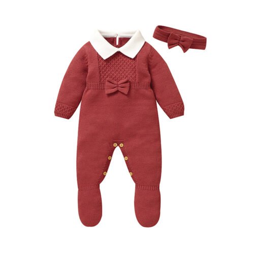 Mimixiong Winter Clothes Knitted Long Sleeve Baby Girl Romper With Hairband Set