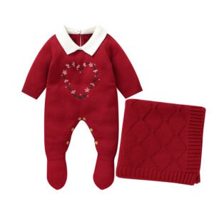 Wholesale Mimixiong Soft Knitted Embroidered Baby Footed Rompers & Baby Solid Blanket Clothing Sets