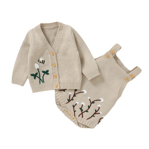 Mimixiong Embroidered Flower Baby Clothing Set Knitted Baby Coat & Romper Soft Baby Sets