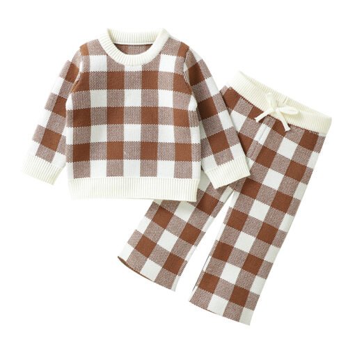 Fast Shipping Mimixiong Knitted Checkerboard Winter Pullover Baby Top Sweater Pants 2Pcs Clothing Sets