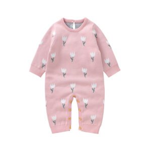 Mimixiong Winter Warm Tulip Flowers Pattern Baby Clothes New Born Toddler Baby Knitted Pajamas Crochet Long Sleeve Romper