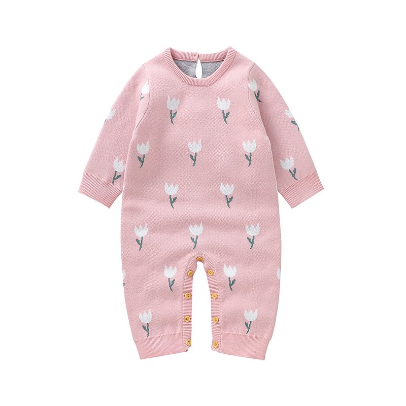 Mimixiong Winter Warm Tulip Flowers Pattern Baby Clothes New Born Toddler Baby Knitted Pajamas Crochet Long Sleeve Romper