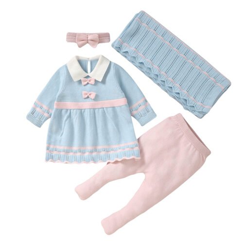 Mimixiong Hot-sale 100% Cotton Baby Girls Gift Set Custom Boutique Baby Dress Sets Footie Pants with blanket Sets for Toddlers