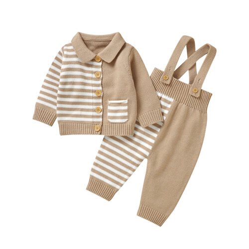 Hot Sale Knitted Baby Coat & Overalls Set Mimixiong