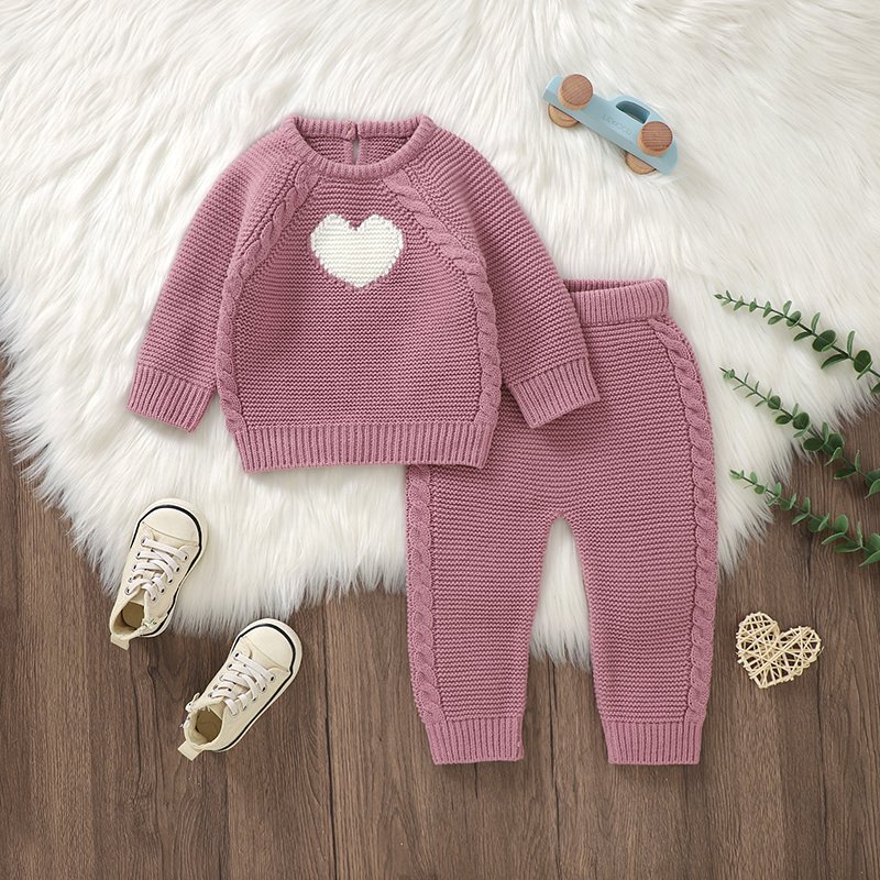 Heart Jacquard Long Sleeve Sweater & Pants Mimixiong