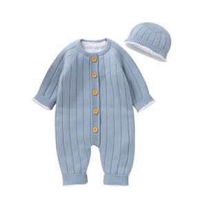 Wholesale Mimixiong Custom Infant Clothing Set Newborn Solid Baby Knitted Long Sleeves Romper Hat 2pcs Set