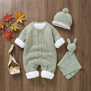 Solid Color Baby Fleece Romper & Hat Set Mimixiong