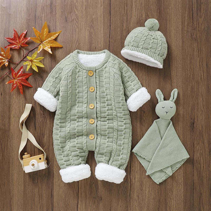 Solid Color Baby Fleece Romper & Hat Set Mimixiong
