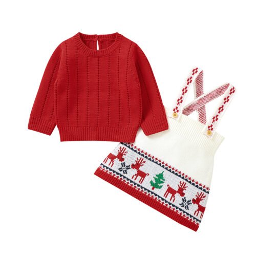 Mimixiong Wholesale Christmas Newborn Girls Suspender Dress Solid Pullover Sweater Baby Clothing Set