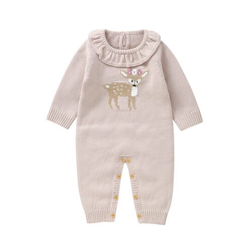 Mimixiong New Arrival OEKO-TEX Custom Toddlers' NewBorn Baby Knitted Clothes Long Sleeve Animal Pattern Ruffle Collar Rompers