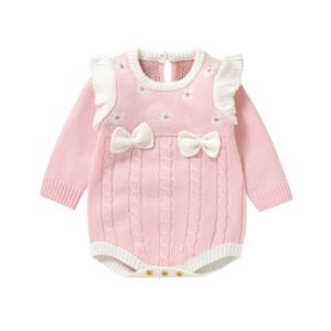 Mimixiong OEKO-TEX Custom Toddlers' NewBorn Baby Girls Beautiful Bowknot Knitted Clothes Long Sleeve Rompers Jumpsuits