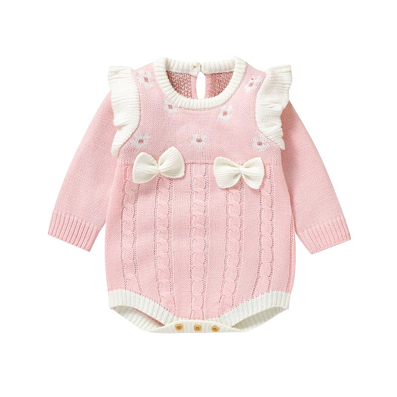 Mimixiong OEKO-TEX Custom Toddlers' NewBorn Baby Girls Beautiful Bowknot Knitted Clothes Long Sleeve Rompers Jumpsuits