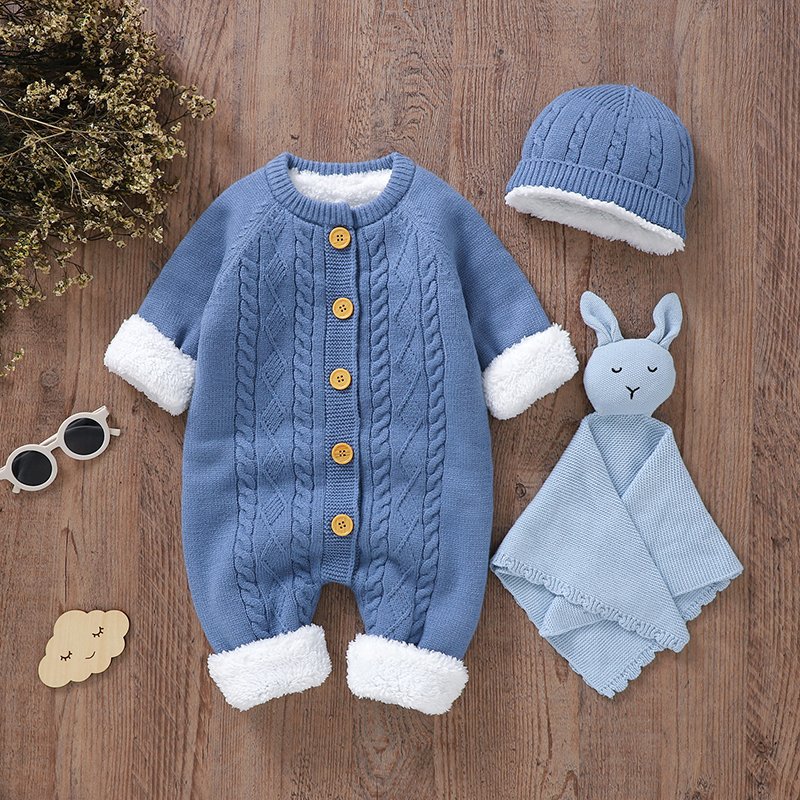 Warm Fleece Lined Solid Baby Romper Set Mimixiong