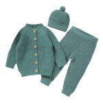 Custom Mimixiong Solid Long Sleeve Newborn Cardigan Pant and Hat Baby Clothing Sets Knit Sweaters