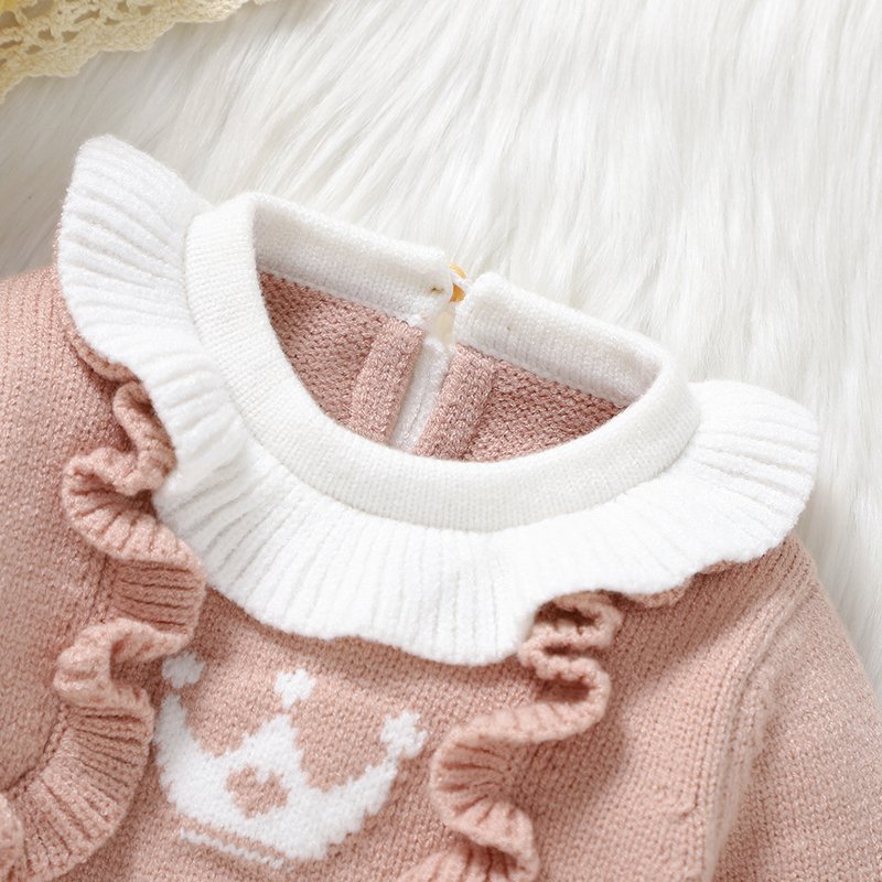 Baby Romper Patchwork Waffle Crown Ruffle Pink Mimixiong