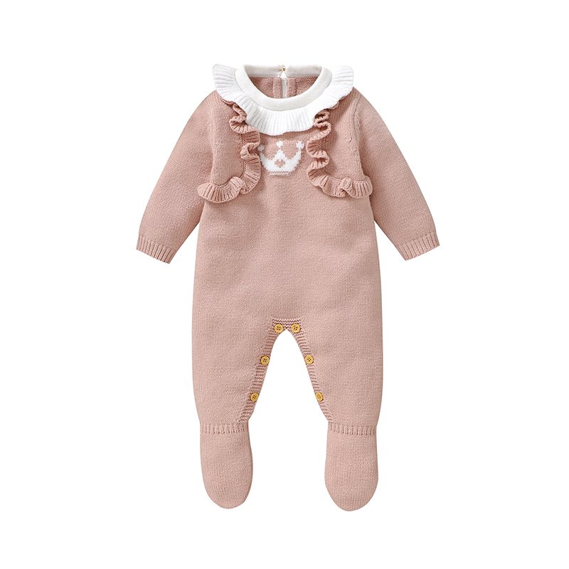 Mimixiong Baby Romper Patchwork Waffle Long Sleeve Knitted Footie Crown Ruffle Pink Baby Clothes