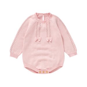 Mimixiong Oeko-tex Custom Baby Girls Bowknot Knitted Clothes Long Sleeve Boutique Rompers Jumpsuits