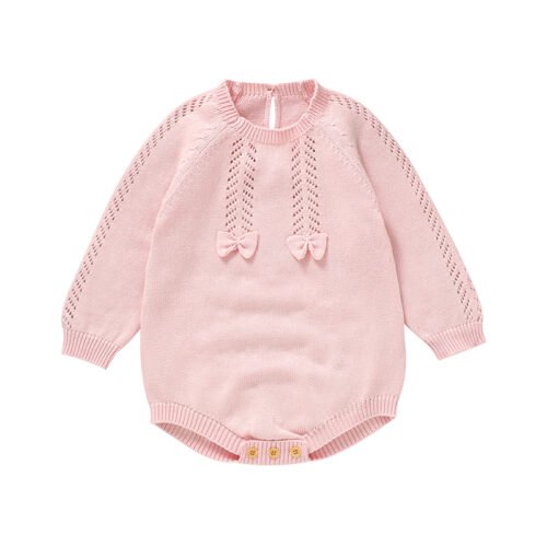 Mimixiong Oeko-tex Custom Baby Girls Bowknot Knitted Clothes Long Sleeve Boutique Rompers Jumpsuits