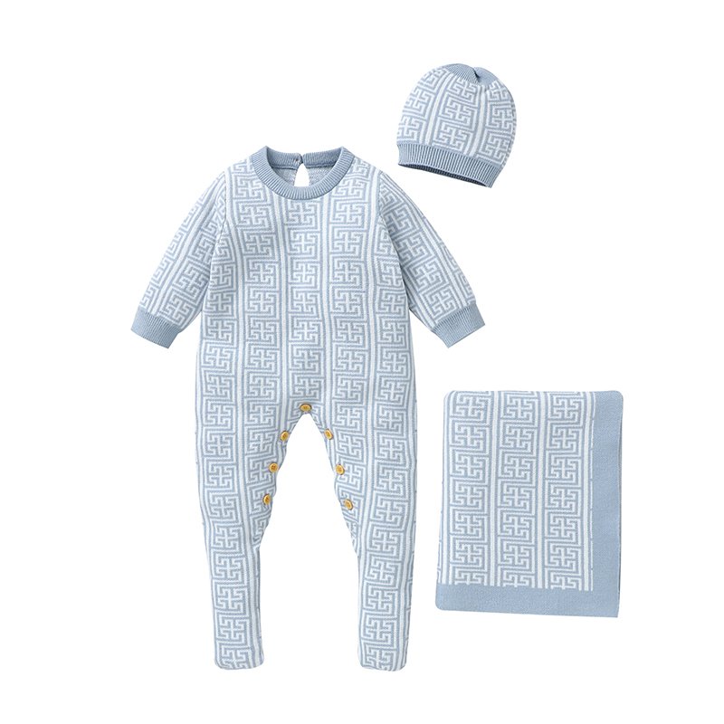 Hot Selling Mimixiong OEKO TEX Soft Knitted Baby Footed Rompers & Hats with Babies Blankets Clothing Sets