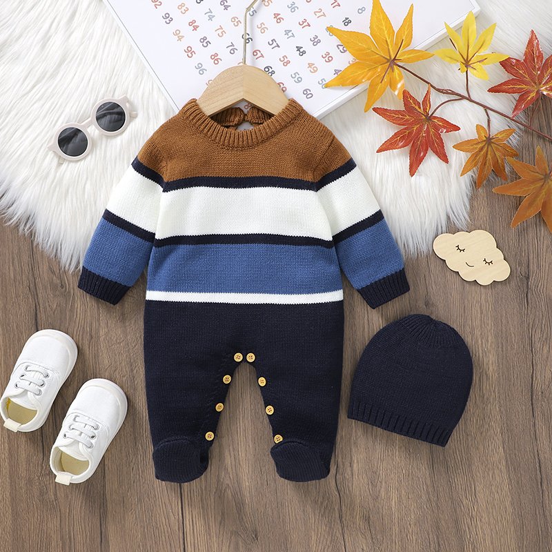 Striped Pattern Baby Foot Binding Romper Mimixiong