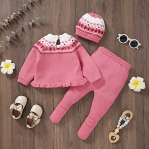 Newborn Baby Girls Sweater, Footie Pants & Hat 3Pcs Set Mimixiong
