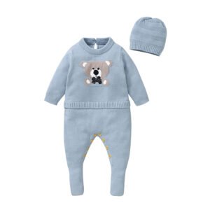 New Arrival Mimixiong Knitted Newborn Baby Footie Romper with Hates Babies Knit Clothing Sets