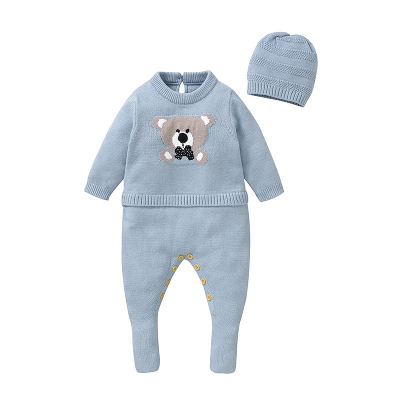 New Arrival Mimixiong Knitted Newborn Baby Footie Romper with Hates Babies Knit Clothing Sets