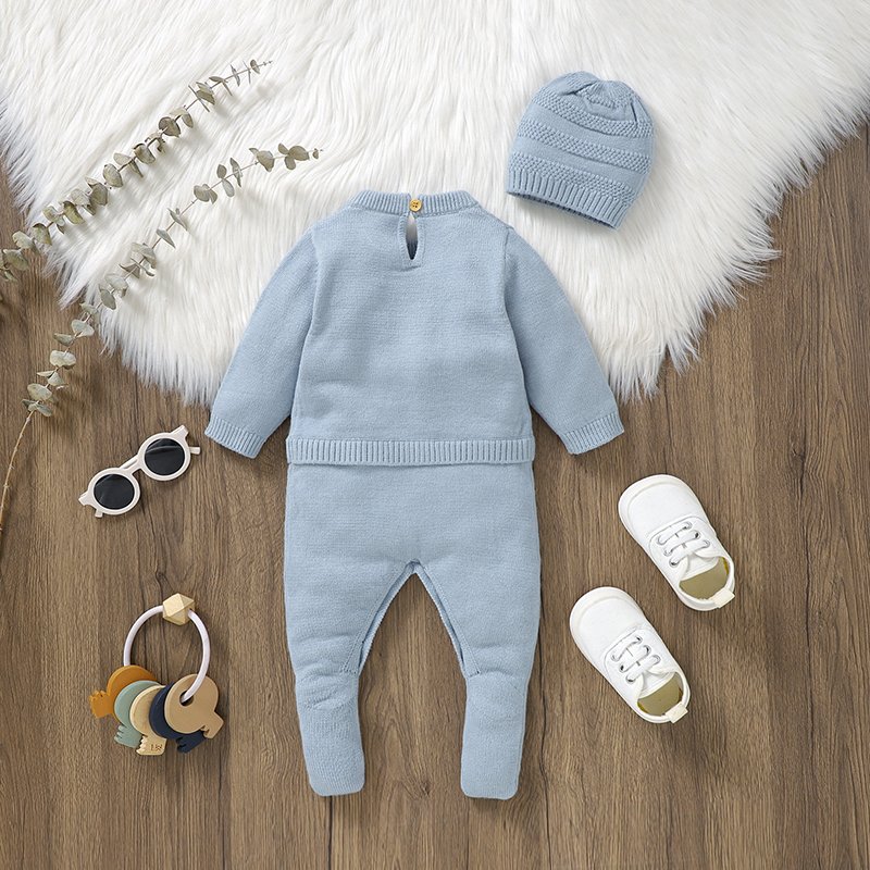 Knitted Newborn Baby Footie Romper & Hat Set Mimixiong