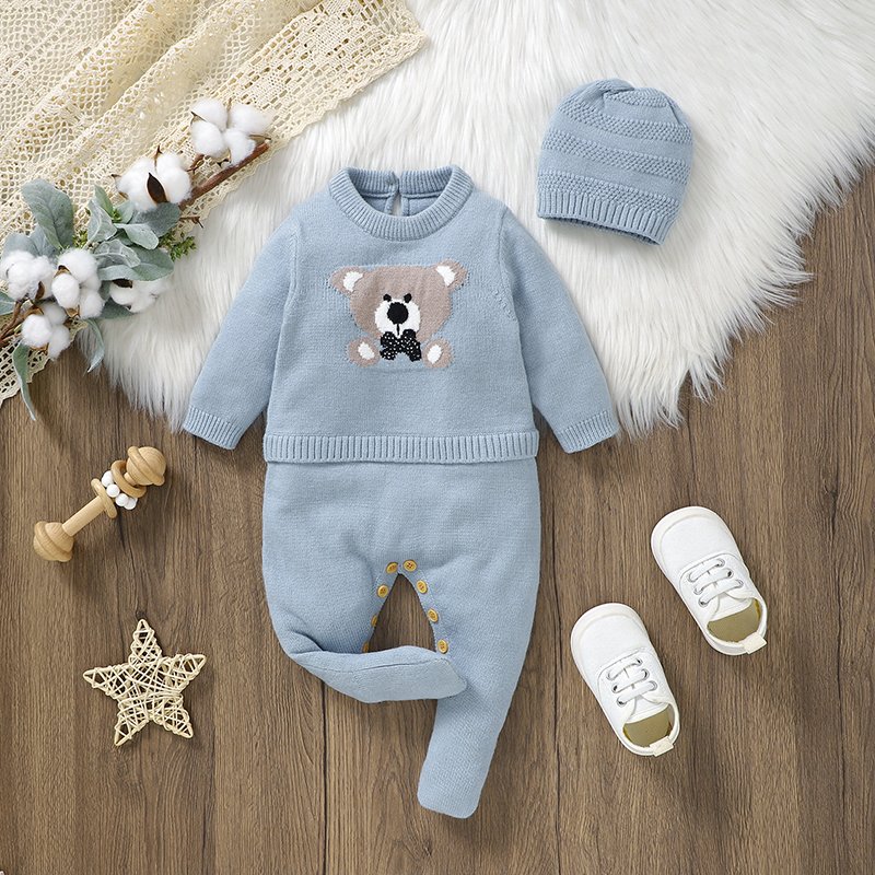 Knitted Newborn Baby Footie Romper & Hat Set Mimixiong