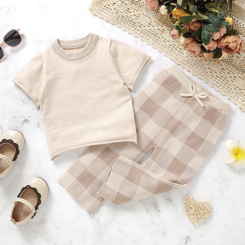 Soft Touch Short Sleeve Top & Plaid Pants Set Mimixiong