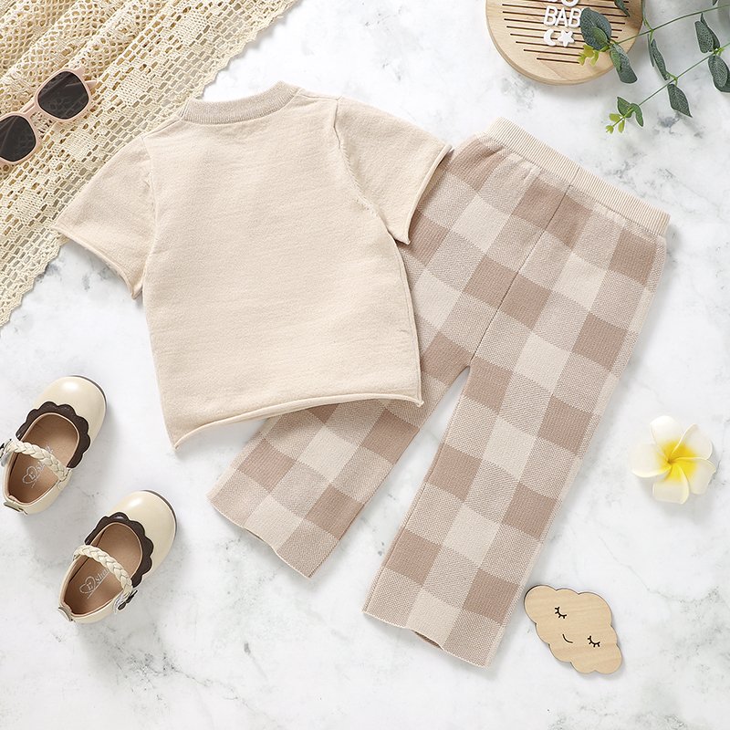 Soft Touch Short Sleeve Top & Plaid Pants Set Mimixiong