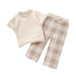 Soft Touch Short Sleeve Top & Plaid Pants Set Mimixiong