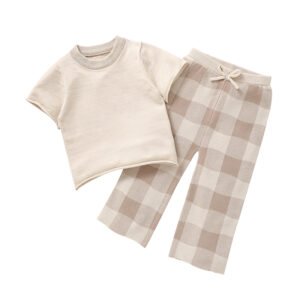 Soft Touch Short Sleeve Top & Plaid Pants Set Mimixiong