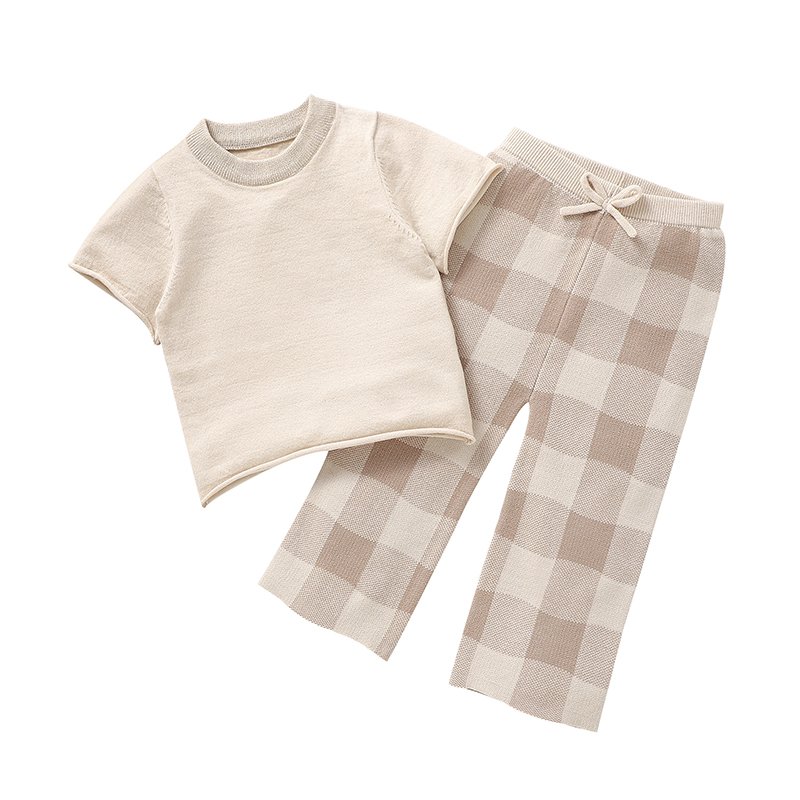 Soft Touch Short Sleeve Top & Plaid Pants Set Mimixiong