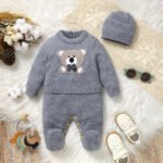 Knitted Newborn Baby Footie Romper & Hat Set Mimixiong