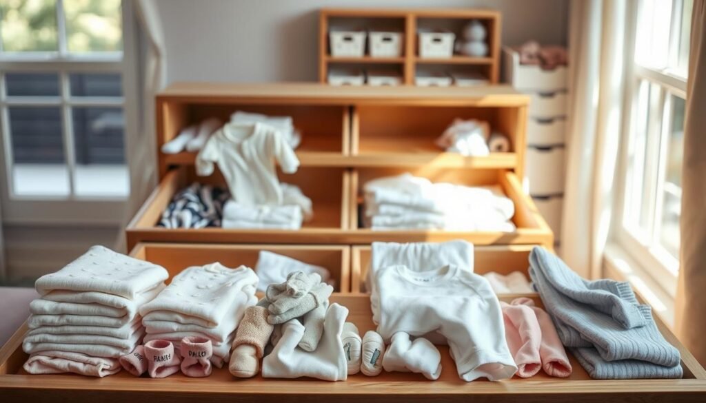 organizing baby clothes in drawers