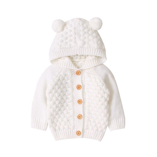 mimixiong hot sale Babies Knitwear Coat Long Sleeve Plain Color chunky Knit Cardigan Hooded with pom pom Ears Baby Sweater