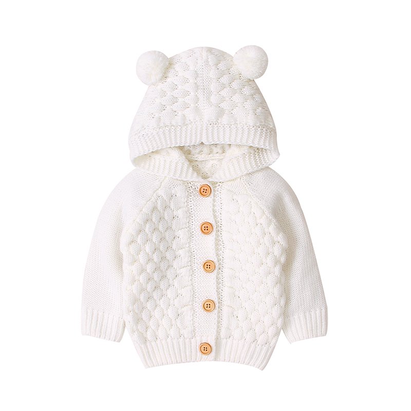 mimixiong hot sale Babies Knitwear Coat Long Sleeve Plain Color chunky Knit Cardigan Hooded with pom pom Ears Baby Sweater