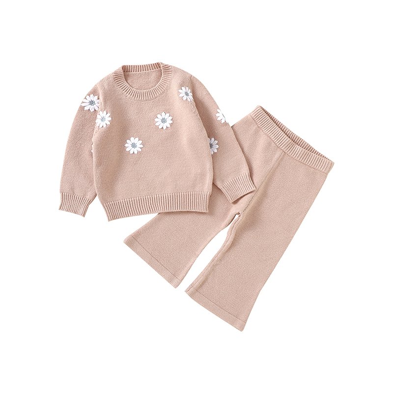 Mimixiong Soft Knitted Lovely Flower Pattern Newborn Baby Sweaters and Pants Clothes Kids Clothing 2pcs Sets