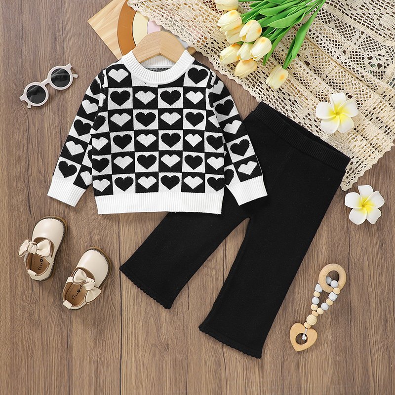 Two-Piece Baby Knitted Sweater & Pant Set Black White Design Mimixiong