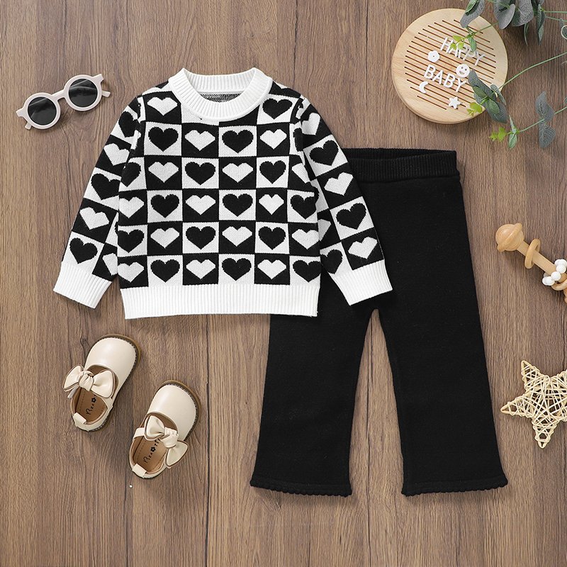 Two-Piece Baby Knitted Sweater & Pant Set Black White Design Mimixiong